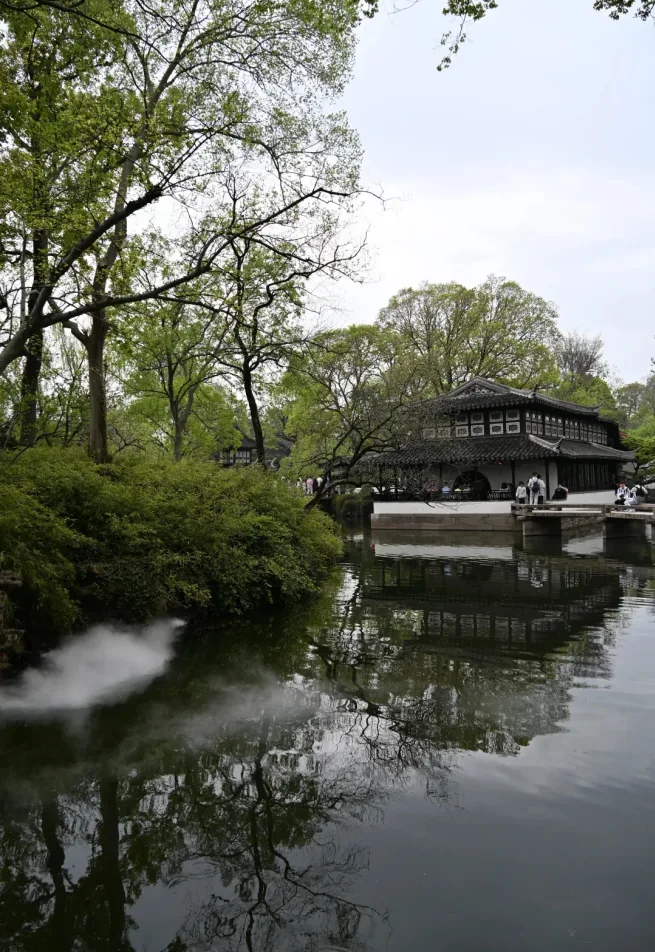 Waterside pavilion of the garden in soft light