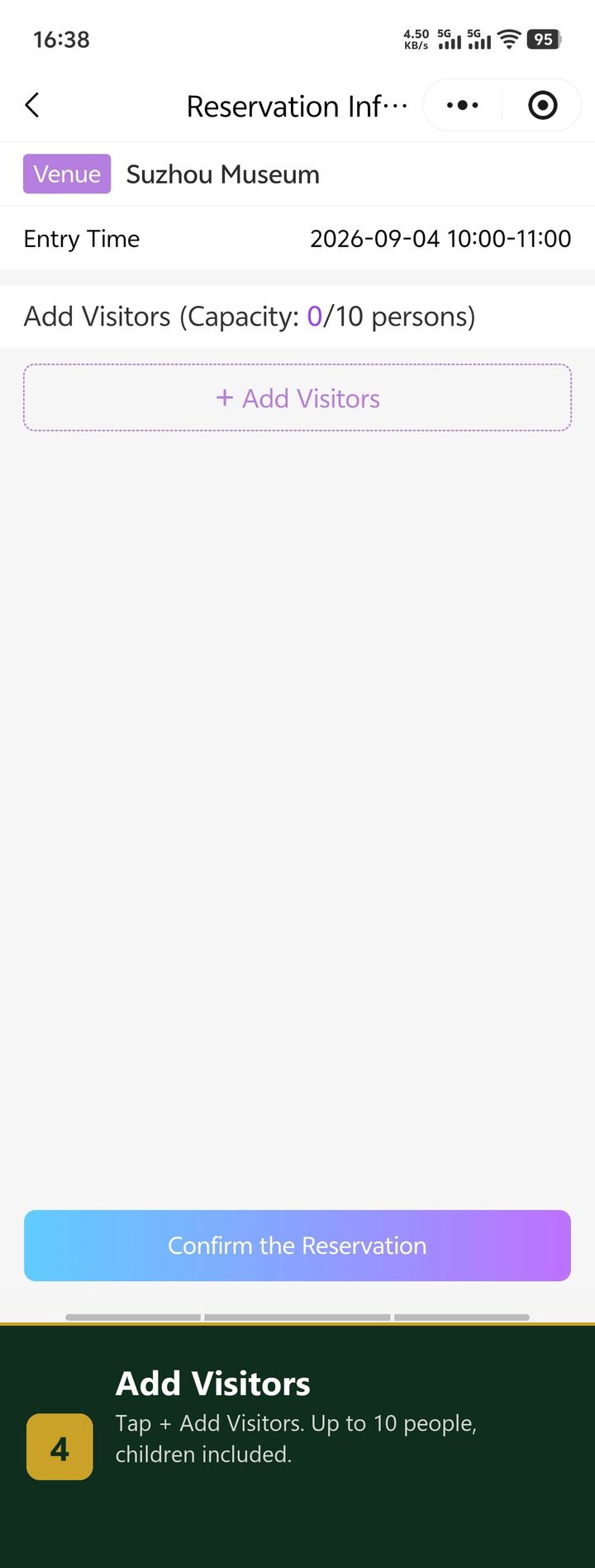 Add Visitors screen showing capacity 0 of 10 persons and the Confirm the Reservation button