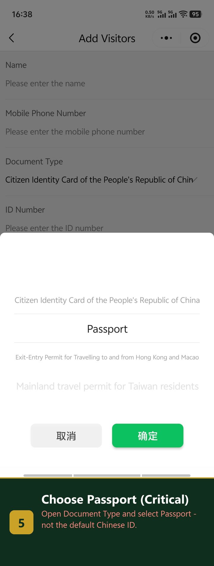 Document type dropdown open, showing Citizen Identity Card as default and Passport as the option to select, with a red warning Choose Passport Critical
