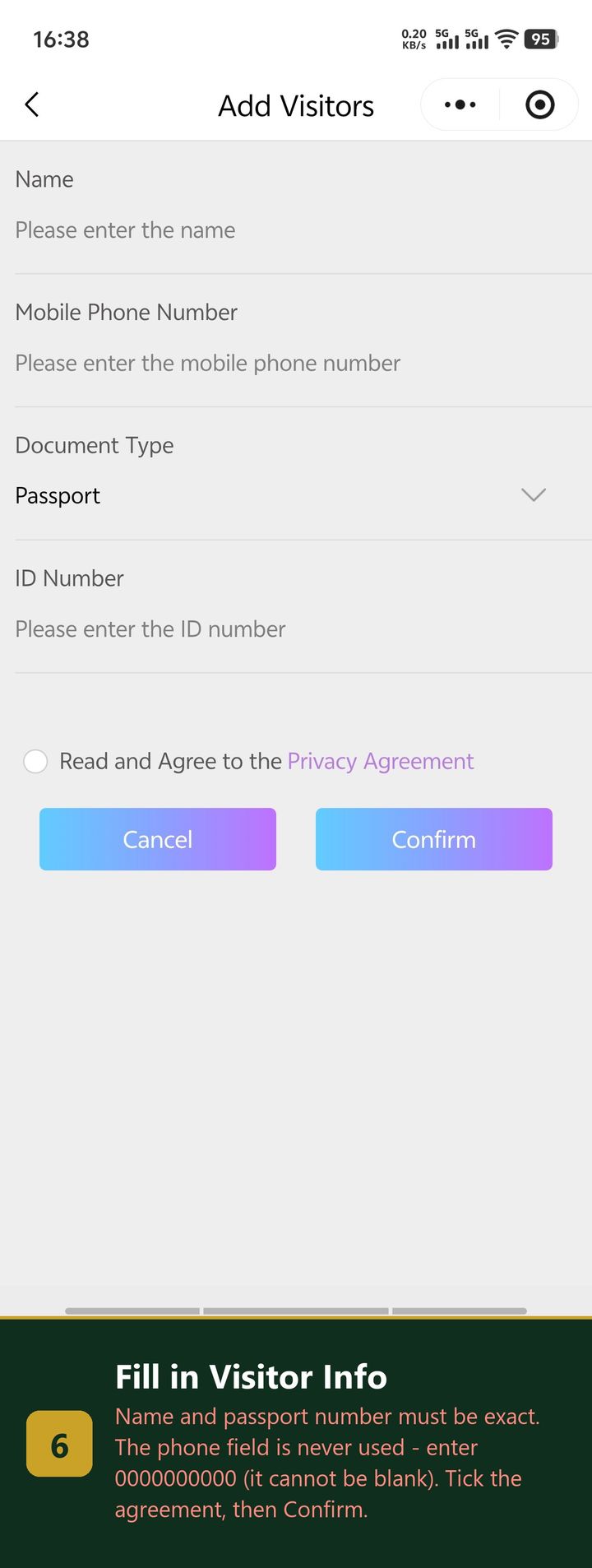 Visitor form filled with document type Passport, name and ID number fields, privacy agreement checkbox and Confirm button